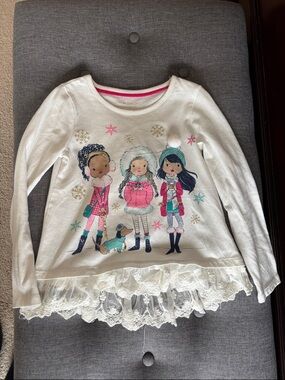 Cynthia Rowley White Long-Sleeve Girls Winter Graphic Top with Lace Hem